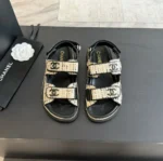 Chanel Women Sandals Braided Fabric Beige/Black 1 cm Heel
