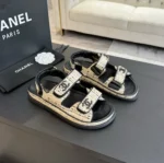 Chanel Women Sandals Braided Fabric Beige/Black 1 cm Heel