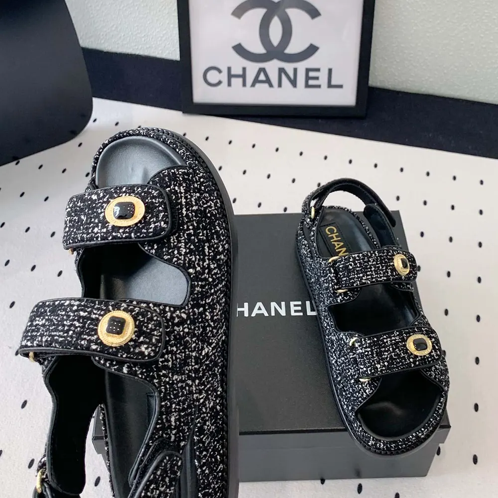 Chanel Women Sandals Braided Fabric Black 1 cm Heel
