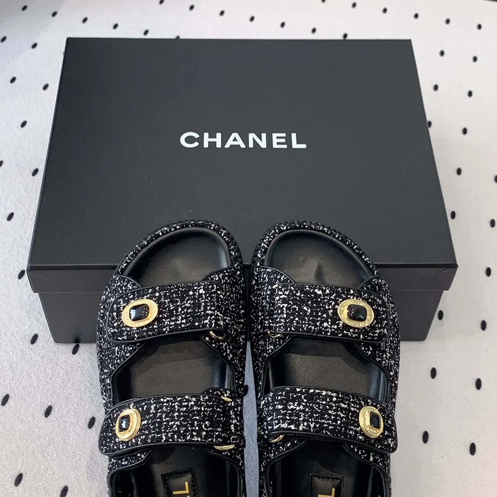 Chanel Women Sandals Braided Fabric Black 1 cm Heel
