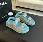 Sandales Chanel Femme Tissu Tressé Bleu Talon 1 cm