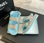 Sandales Chanel Femme Tissu Tressé Bleu Talon 1 cm