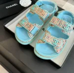 Sandales Chanel Femme Tissu Tressé Bleu Talon 1 cm