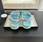 Sandales Chanel Femme Tissu Tressé Bleu Talon 1 cm