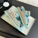 Sandales Chanel Femme Tissu Tressé Bleu Talon 1 cm