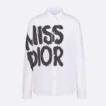 Dior Women Blouse White Cotton and Silk Poplin with Black Miss Dior Graffiti Motif
