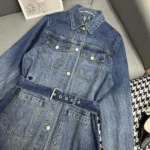 Dior Women Long Belted Jacket Blue Stonewashed Cotton Denim with Dior Oblique Interior