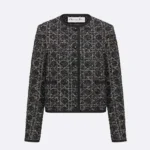 Dior Dam Macrocannage Beskuren Jacka Svart och Vit Teknisk Bomull Tweed