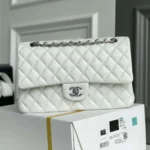Chanel Women Classic 11.12 Handbag Grained Shiny Calfskin Silver-Tone Metal-White