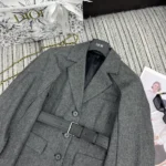 Dior Women Belted Jacket with Removable Scarf Gray Virgin Wool Tweed