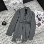 Dior Women Belted Jacket with Removable Scarf Gray Virgin Wool Tweed