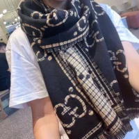 Gucci Unisex Check GG Wool Scarf-Black 6600254G3861066 (1)