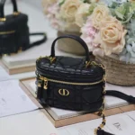 Dior Women Caro Mini Vanity Case Black Macrocannage Lambskin