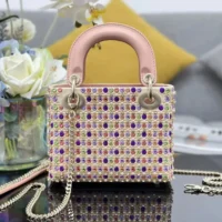 Dior Women Lady Dior Bag Metallic Calfskin and Satin with Celestial Pink Bead Embroidery (1)