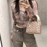 Dior Women Lady Dior Bag Metallic Calfskin and Satin with Celestial Pink Bead Embroidery