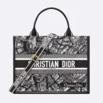 Dior Women Medium Dior Book Tote Black and White Plan de Paris Embroidery with Black Calfskin