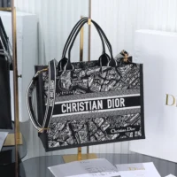 Dior Women Medium Dior Book Tote Black and White Plan de Paris Embroidery with Black Calfskin (1)
