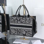 Dior Women Medium Dior Book Tote Black and White Plan de Paris Embroidery with Black Calfskin
