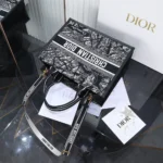 Dior Women Medium Dior Book Tote Black and White Plan de Paris Embroidery with Black Calfskin
