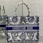Dior Women Medium Dior Book Tote White and Navy Blue Toile de Jouy Soleil Embroidery