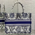 Dior Women Medium Dior Book Tote White and Navy Blue Toile de Jouy Soleil Embroidery