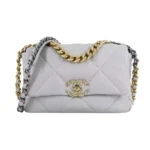 Borsa a mano Chanel da donna modello 19 in pelle di agnello lucida color oro, color argento e rutenio-grigio chiaro
