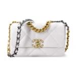 Borsa a mano Chanel da donna 19 in pelle di agnello lucida color oro, color argento e bianco rutenio