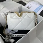 Borsa a mano Chanel da donna 19 in pelle di agnello lucida color oro, color argento e bianco rutenio