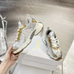 Dior Women Vibe Sneaker White Mesh Printed with Dior Oblique Motif and Gold- and Silver-Tone
