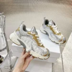 Dior Women Vibe Sneaker White Mesh Printed with Dior Oblique Motif and Gold- and Silver-Tone