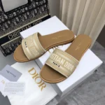 Dior Women Dioriviera Dway Slide Natural Raffia and White Embroidered Cotton