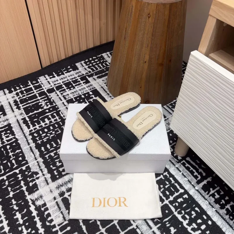 Dior Women Dway Slide Black Calfskin and Embroidered Cotton