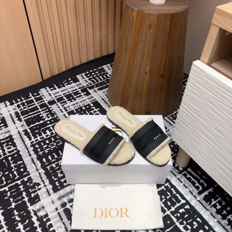 Dior Women Dway Slide Black Calfskin and Embroidered Cotton