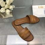 Dior Women Dway Slide Camel Calfskin and Embroidered Cotton