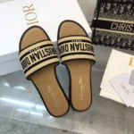 Dior Women Dway Slide Natural Raffia and Black Embroidered Cotton