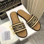 Dior Women Dway Slide Natural Raffia and Black Embroidered Cotton