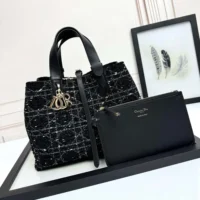 Dior Women Medium Dior Toujours Bag Black Tweed with White Cannage Motif (1)
