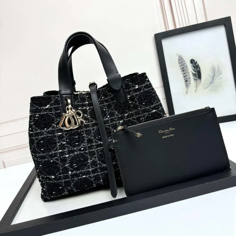 Dior Women Medium Dior Toujours Bag Black Tweed with White Cannage Motif
