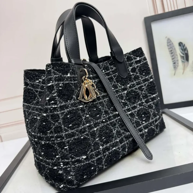 Dior Women Medium Dior Toujours Bag Black Tweed with White Cannage Motif