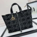 Dior Women Medium Dior Toujours Bag Black Tweed with White Cannage Motif