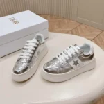 Dior Women Star Platform Sneaker Silver-Tone Crinkled-Effect Lambskin and White Calfskin