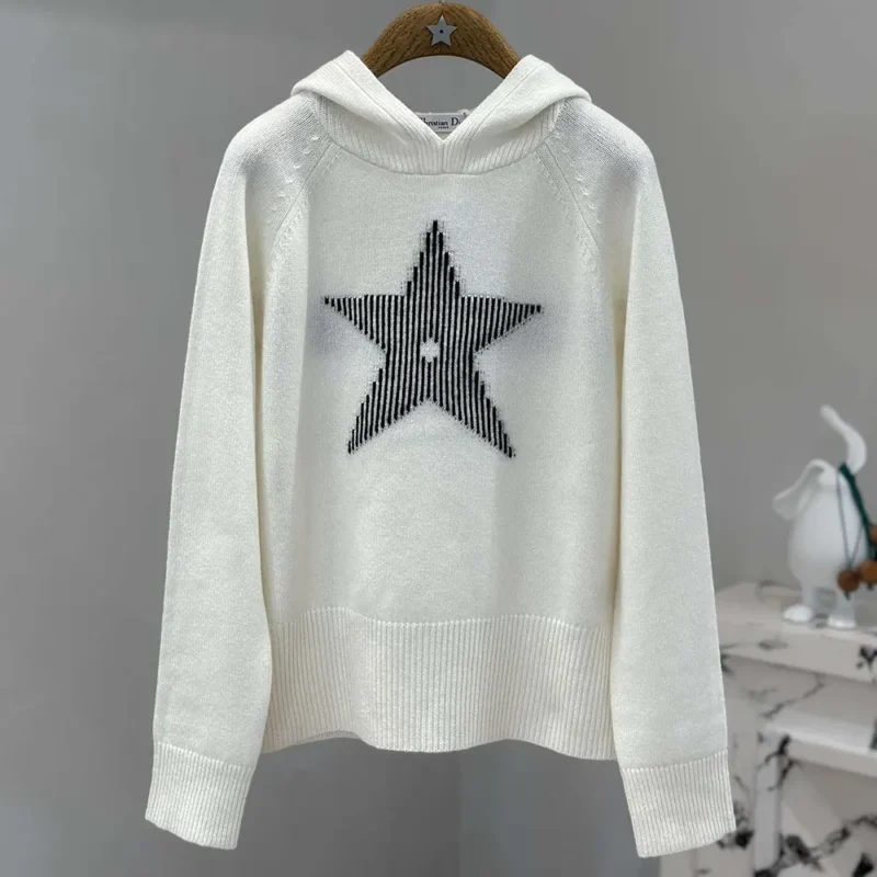 Dior Women DiorAlps Hooded Sweater White Wool and Cashmere Knit with Navy Blue Dior Star Motif