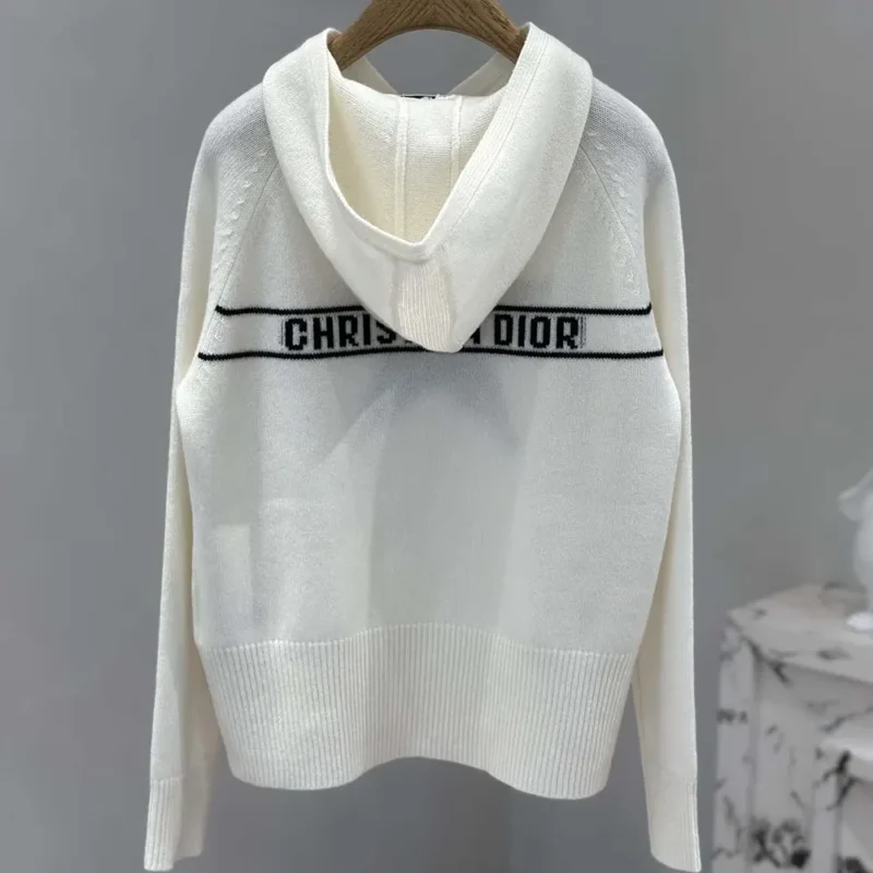 Dior Women DiorAlps Hooded Sweater White Wool and Cashmere Knit with Navy Blue Dior Star Motif