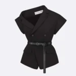 Dior Women Asymmetric Short-Sleeved Jacket with Belt Black Silk and Cotton Faille