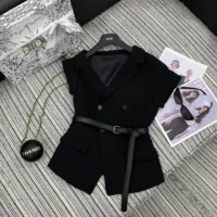 Dior Women Asymmetric Short-Sleeved Jacket with Belt Black Silk and Cotton Faille (1)
