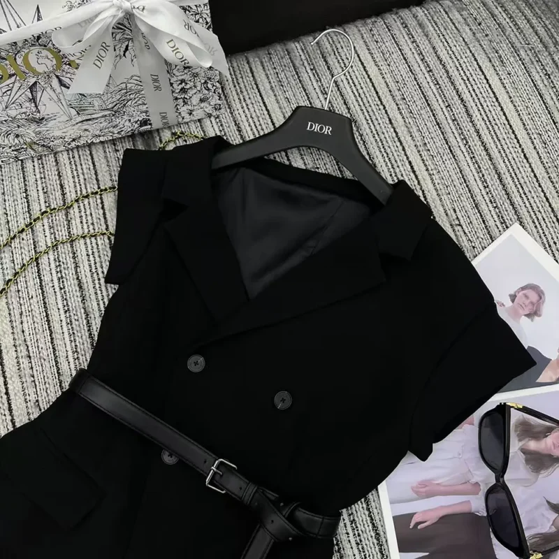 Dior Women Asymmetric Short-Sleeved Jacket with Belt Black Silk and Cotton Faille