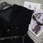 Dior Women Asymmetric Short-Sleeved Jacket with Belt Black Silk and Cotton Faille