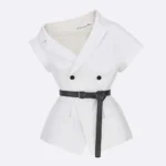 Dior Women Asymmetric Short-Sleeved Jacket with Belt Ecru Virgin Wool and Silk Grain de Poudre