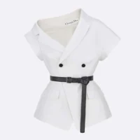 Dior Women Asymmetric Short-Sleeved Jacket with Belt Ecru Virgin Wool and Silk Grain de Poudre (1)