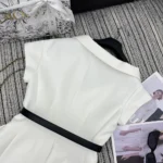 Dior Women Asymmetric Short-Sleeved Jacket with Belt Ecru Virgin Wool and Silk Grain de Poudre